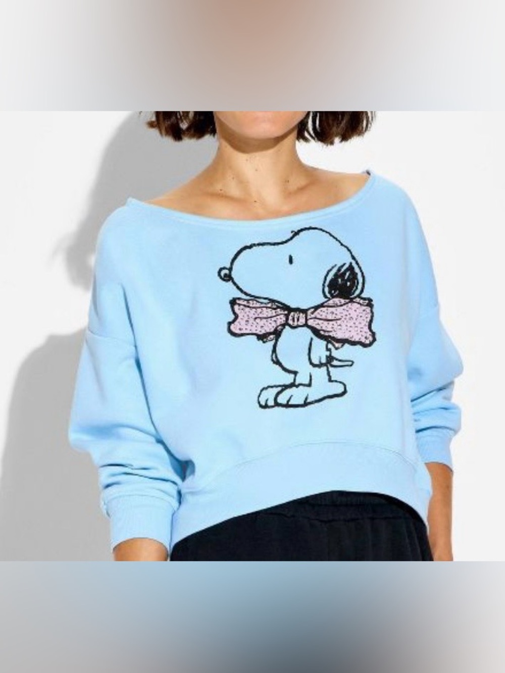 Peanuts Off-the-Shoulder Light Blue Snoopy Sweater with Pink Bow 🎀 NWT